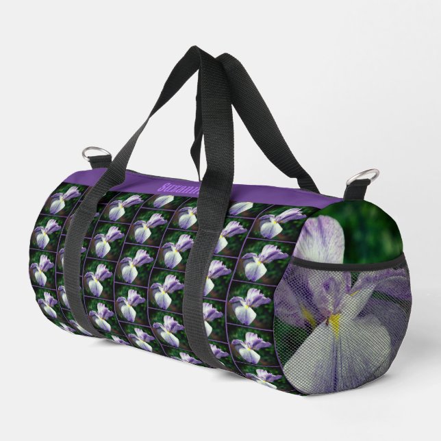 Japanese Iris Flower Unfolding Personalized Duffle Bag (Right Corner)
