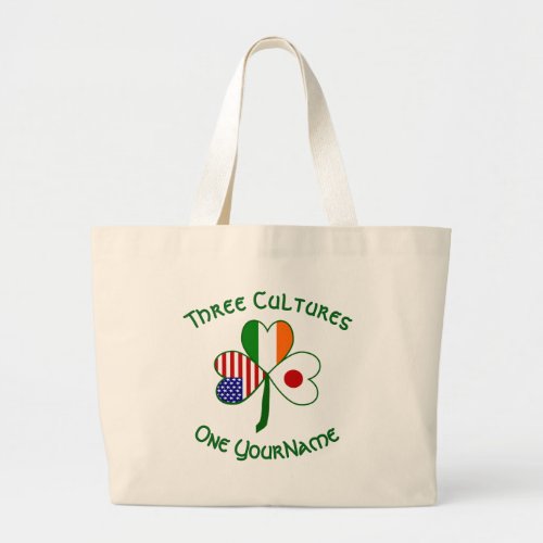 Japanese Irish American Flags Shamrock Your Name Large Tote Bag