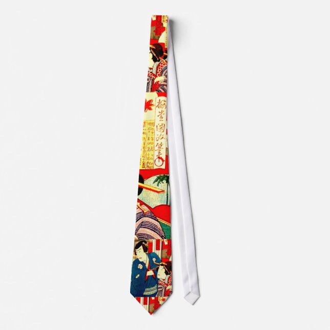 Japanese Kabuki Samurai Geisha Woodblock Art Print Neck Tie (Front)