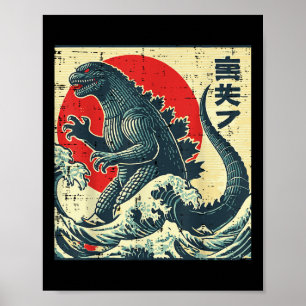 Japanese Kaiju Monster Waves Retro Ukiyo Art Women Poster