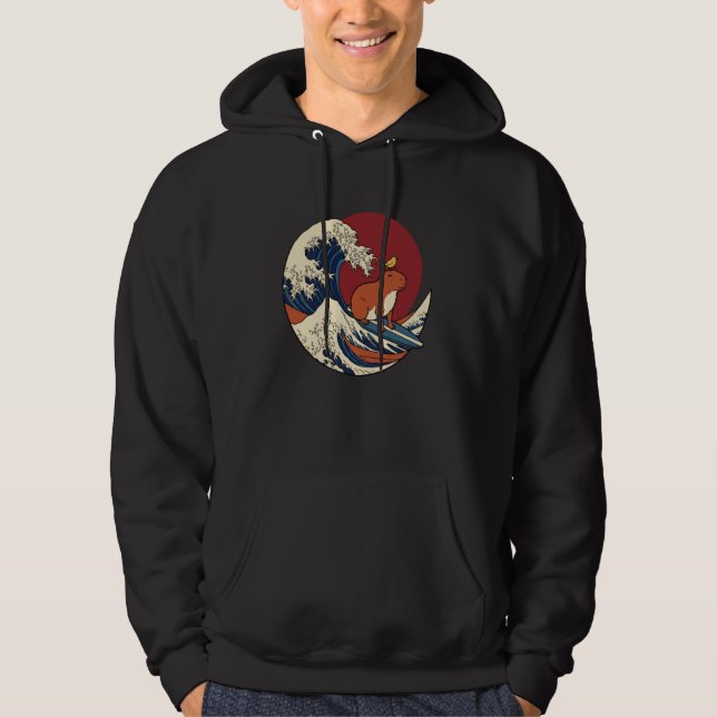 Japanese Kanagawa Wave Capybara Surfing Kawaii Hoodie (Front)