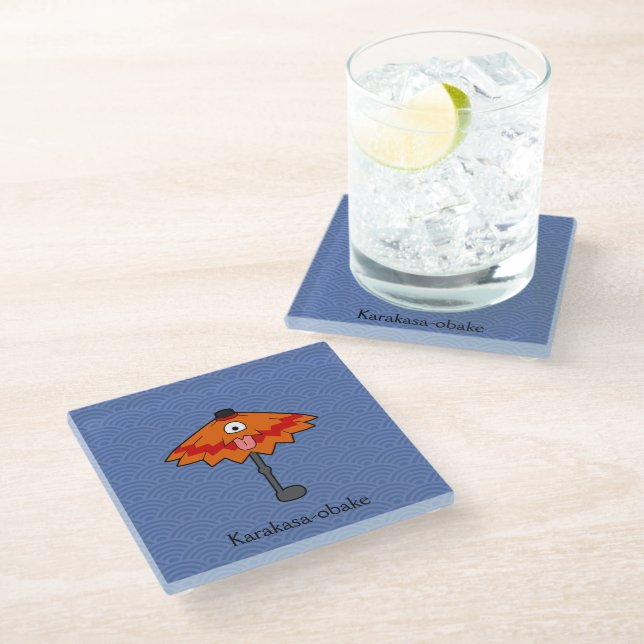 Japanese Karakasa Umbrella Ghost: Cartoon Yokai Glass Coaster (Angled)