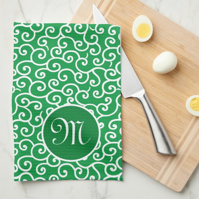 Japanese Karakusa Arabesque Spiral Vine Pattern Kitchen Towel (Quarter Fold)