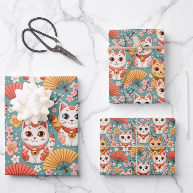 Japanese Kawaii Cats with Cherry Blossoms Birthday Wrapping Paper Sheets (Front)