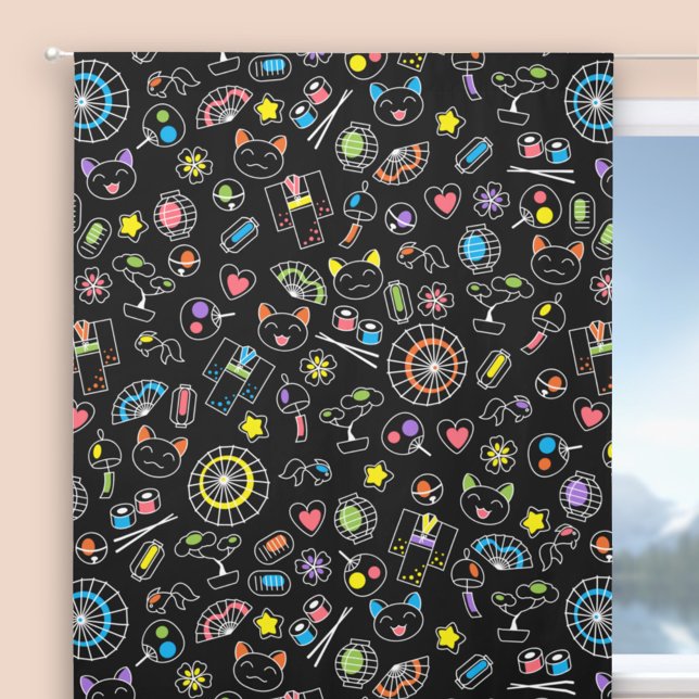 Japanese Kawaii Culture Doodles on Black Blackout Curtains (Creator Uploaded)