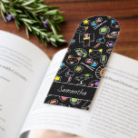 Japanese Kawaii Culture Doodles on Black Bookmarks<br><div class="desc">Vector based multicolored pattern on black background. The doodle-like bright colored elements of the pattern are inspired by Kawaii culture of Japan. The doodles include Japanese bamboo umbrellas, fans, paper lanterns, bansai tree, sushi, glass wind chimes, smiling cat faces, cat bells and goldfish. The word Kawaii translates as “cute” or...</div>