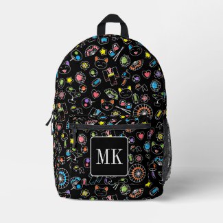 Japanese Kawaii Culture Doodles on Black Monogram
