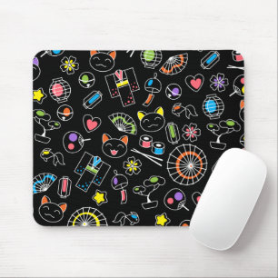 Japanese Kawaii Culture Doodles on Black Mouse Pad