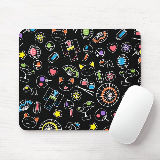 Japanese Kawaii Culture Doodles on Black Mouse Pad (With Mouse)