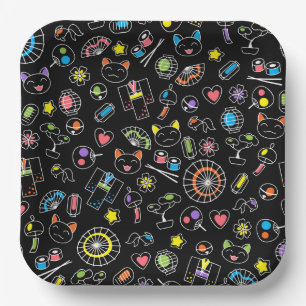 Japanese Kawaii Culture Doodles on Black Paper Plates