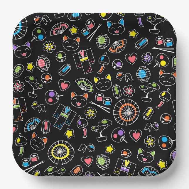Japanese Kawaii Culture Doodles on Black Paper Plates (Front)