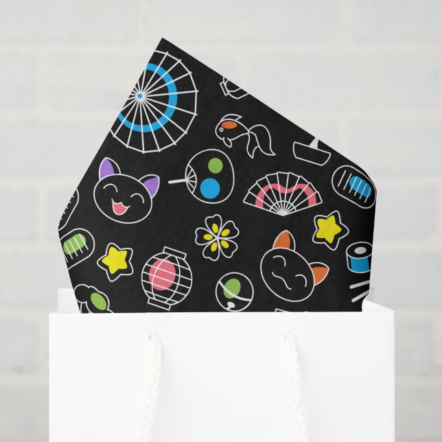 Japanese Kawaii Culture Doodles on Black Tissue Paper (Gift Bag)