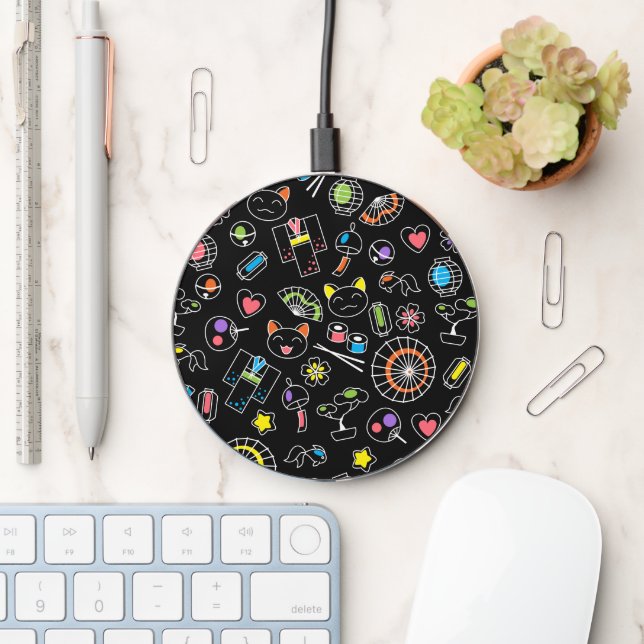 Japanese Kawaii Culture Doodles on Black Wireless Charger Zazzle
