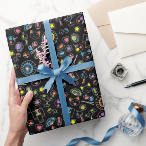 Japanese Kawaii Culture Doodles on Black Wrapping Paper