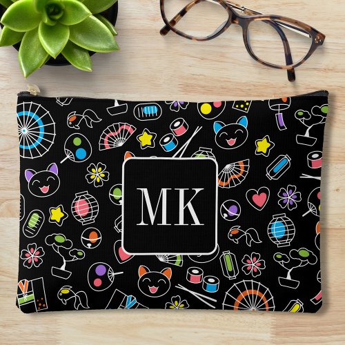 Japanese Kawaii Doodles on Black Monogram Initials Accessory Pouch