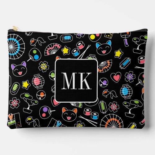 Japanese Kawaii Doodles on Black Monogram Initials Accessory Pouch