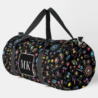 Japanese Kawaii Doodles on Black Monogram Initials