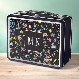 Japanese Kawaii Doodles on Black Monogram Initials Metal Lunch Box