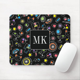 Japanese Kawaii Doodles on Black Monogram Initials Mouse Pad