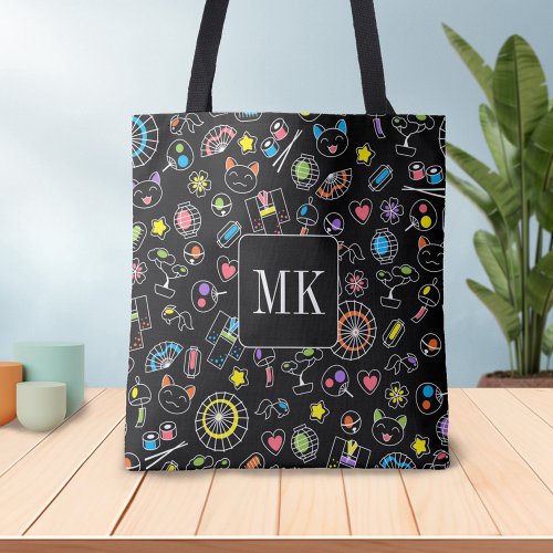 Japanese Kawaii Doodles on Black Monogram Initials Tote Bag