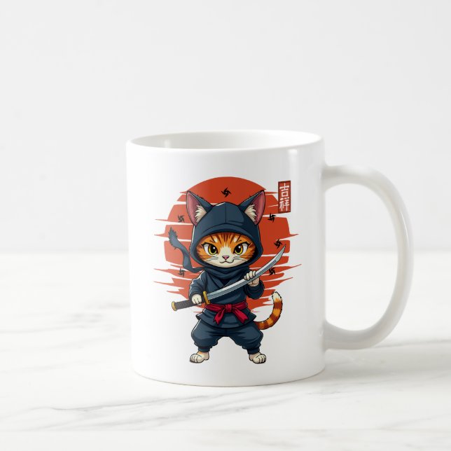 Japanese Kawaii Ninja Cat, Ninja Cat With A Sword Coffee Mug (Right)