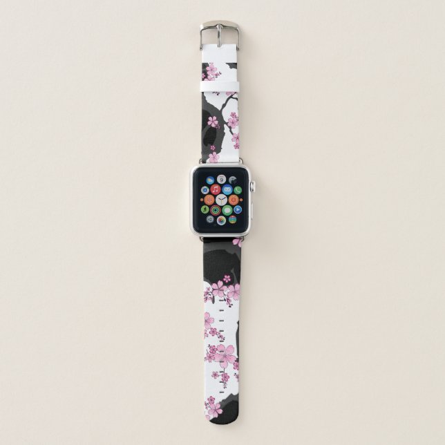 Japanese Kimono Black and White Pink Sakura Apple Watch Band (Front)