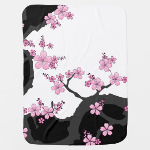 Japanese Kimono Black and White Pink Sakura Baby Blanket