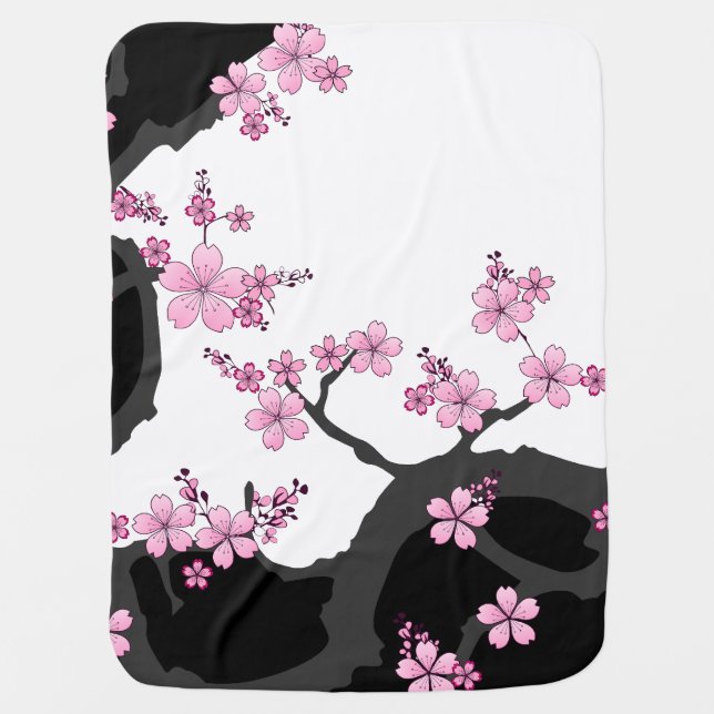 Japanese Kimono Black and White Pink Sakura Baby Blanket (Front)