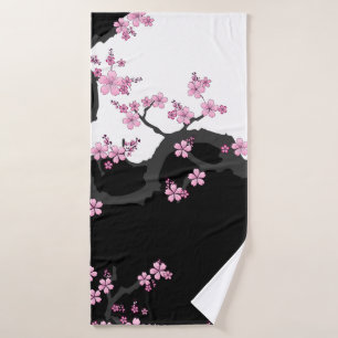 Japanese Kimono Black and White Pink Sakura Bath Towel