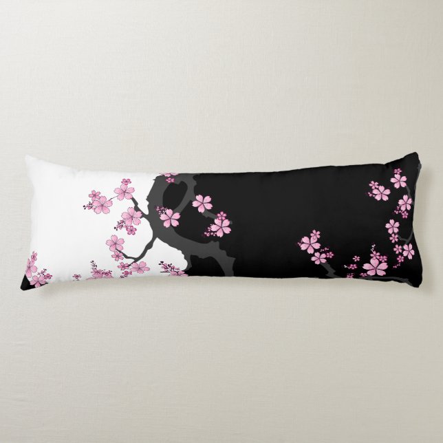 Japanese Kimono Black and White Pink Sakura Body Pillow (Front)