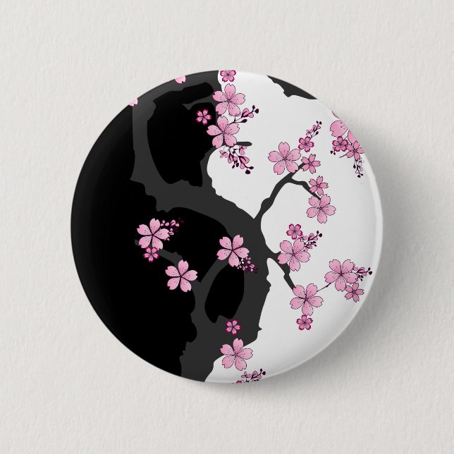 Japanese Kimono Black and White Pink Sakura Button (Front)