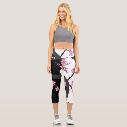 Japanese Kimono Black and White Pink Sakura Capri Leggings