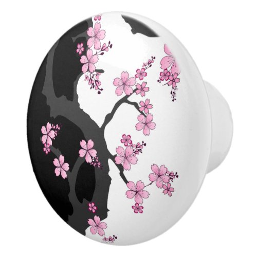 Japanese Kimono Black and White Pink Sakura Ceramic Knob