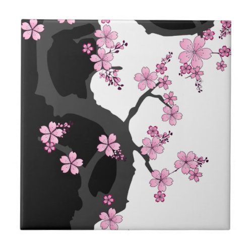 Japanese Kimono Black and White Pink Sakura Ceramic Tile