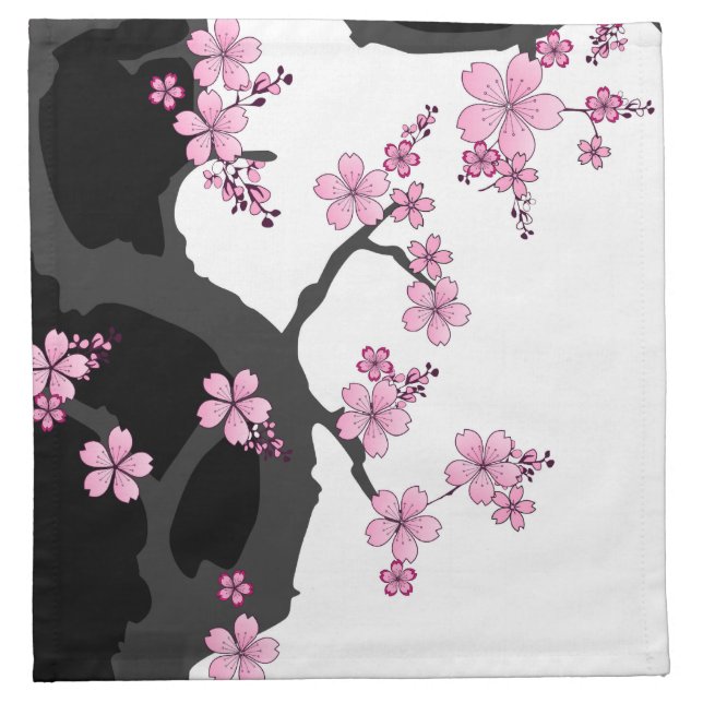 Japanese Kimono Black and White Pink Sakura Cloth Napkin (Front)