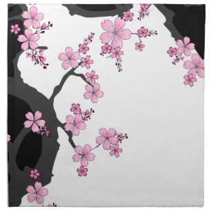 Japanese Kimono Black and White Pink Sakura Cloth Napkin