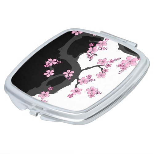 Japanese Kimono Black and White Pink Sakura Compact Mirror