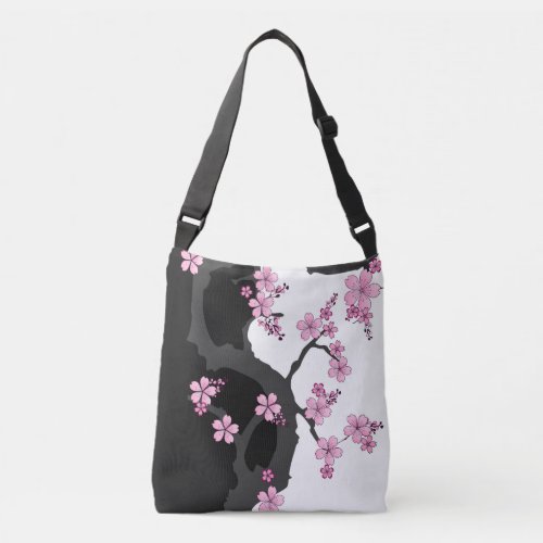 Japanese Kimono Black and White Pink Sakura Crossbody Bag