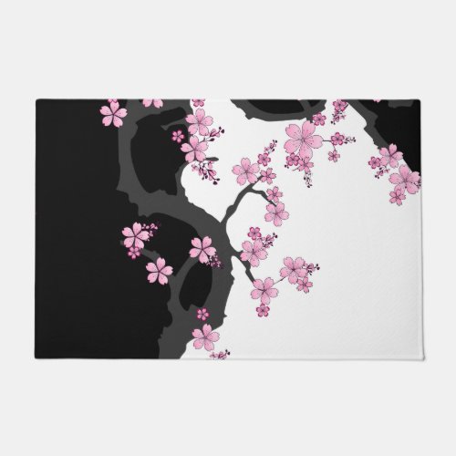 Japanese Kimono Black and White Pink Sakura Doormat