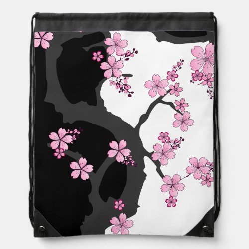 Japanese Kimono Black and White Pink Sakura Drawstring Bag