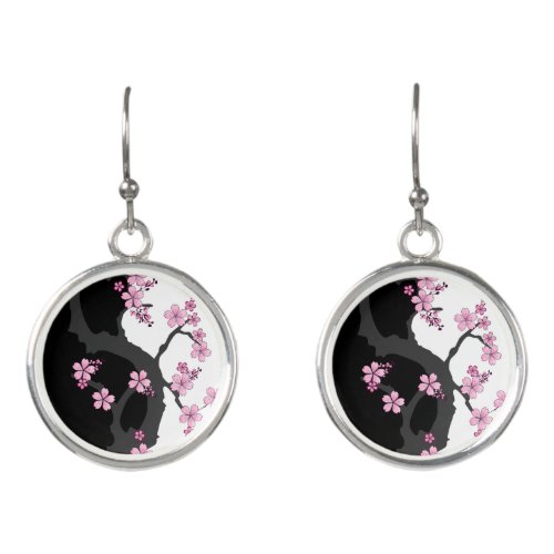 Japanese Kimono Black and White Pink Sakura Earrings