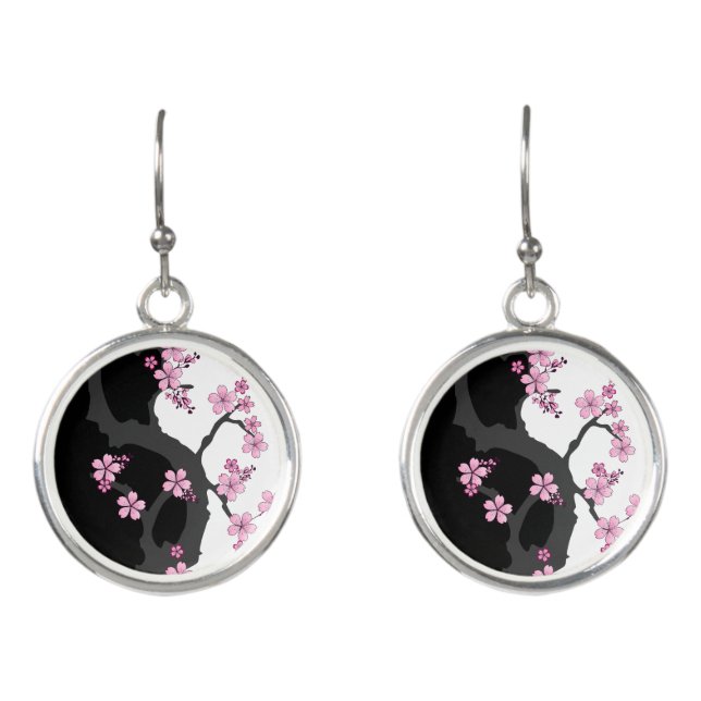 Japanese Kimono Black and White Pink Sakura Earrings (Front)