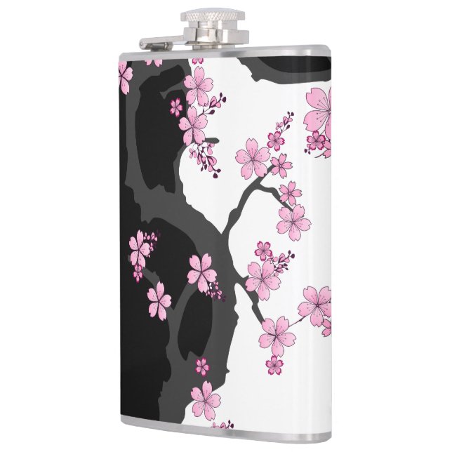Japanese Kimono Black and White Pink Sakura Flask (Left)