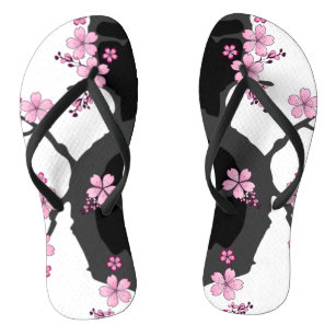 Japanese Kimono Black and White Pink Sakura Flip Flops