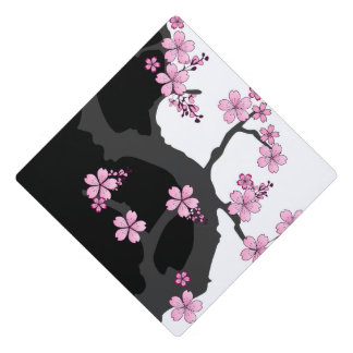 Japanese Kimono Black and White Pink Sakura Graduation Cap Topper