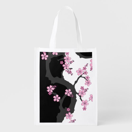 Japanese Kimono Black and White Pink Sakura Grocery Bag