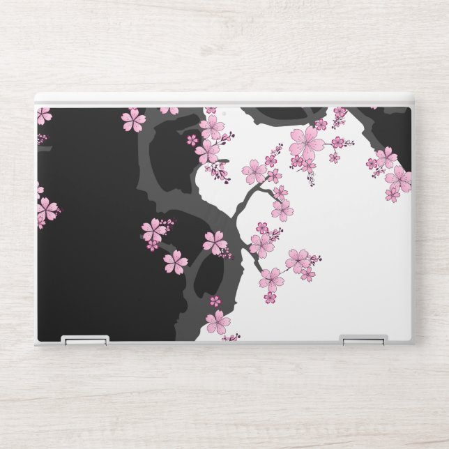 Japanese Kimono Black and White Pink Sakura HP Laptop Skin (Front)