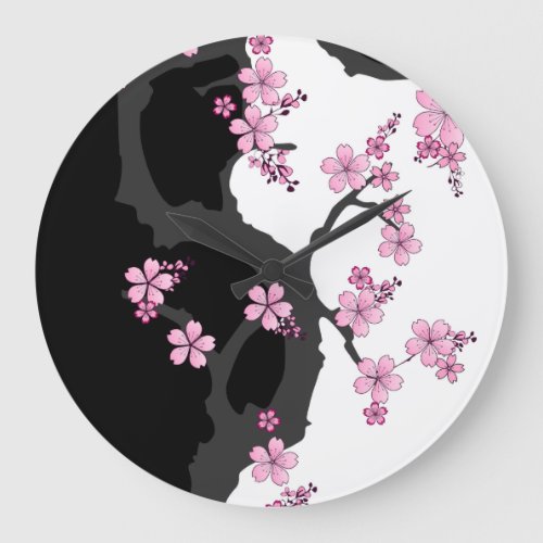 Japanese Kimono Black and White Pink Sakura Large Clock