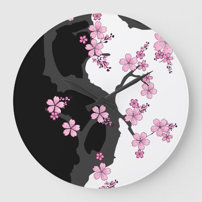 Japanese Kimono Black and White Pink Sakura Large Clock (Front)