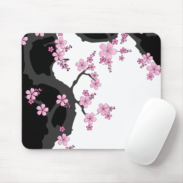 Japanese Kimono Black and White Pink Sakura Mouse Pad (With Mouse)